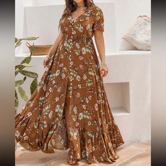 Plus Size Button Up Chiffon Holiday Boho Dress